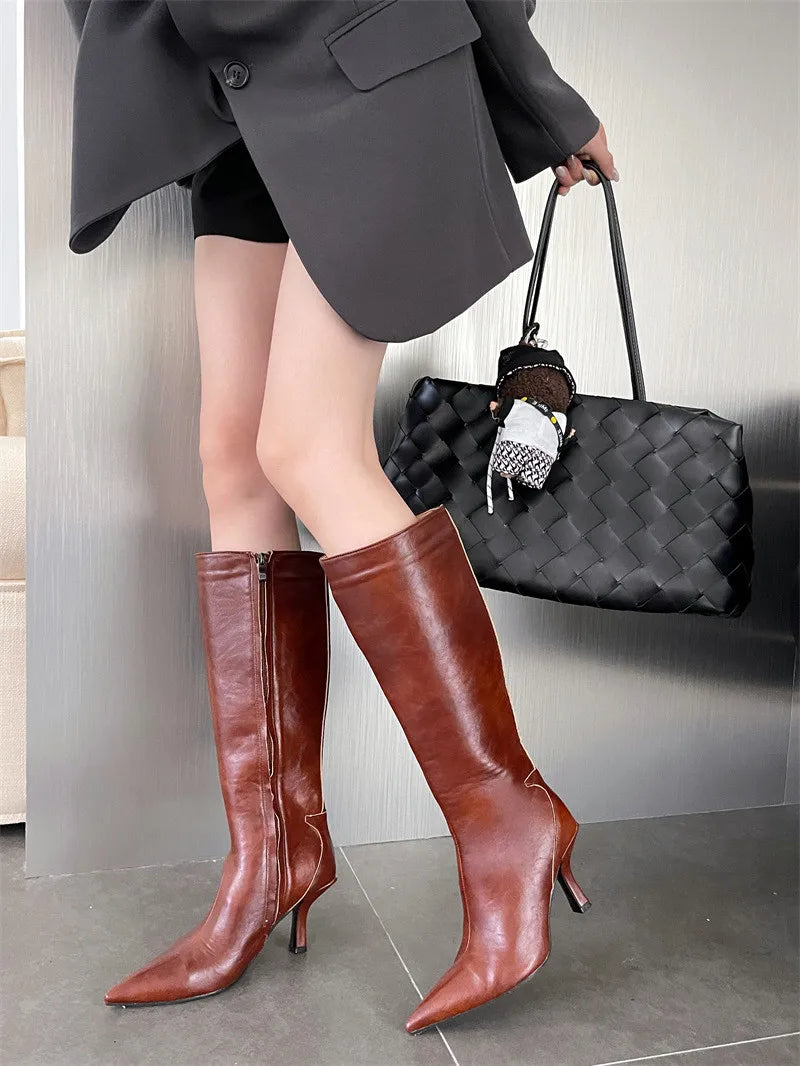 Pointy Toe Knee High Boots High Quality Leather High Heel Boots